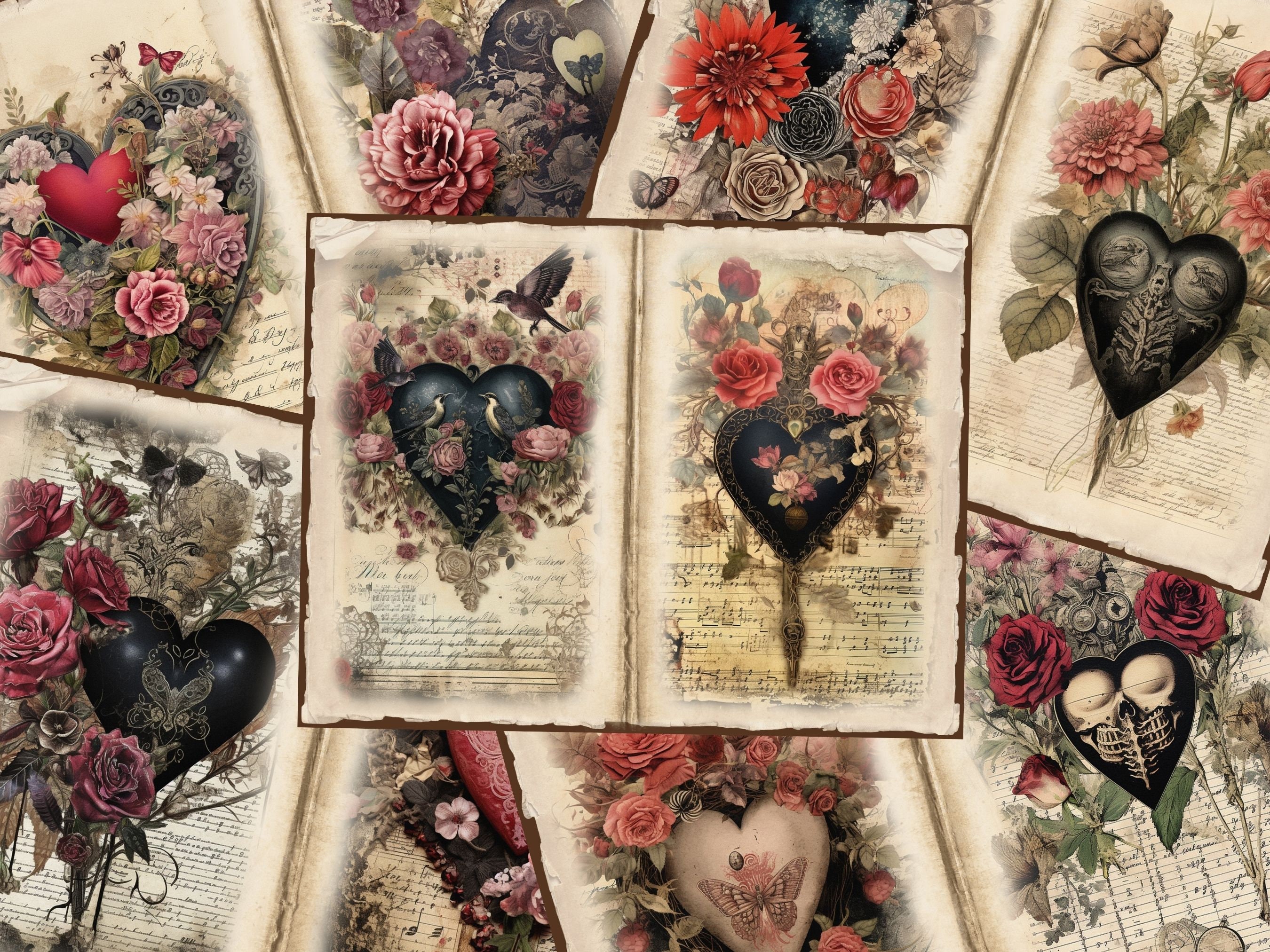 Gothic Vintage Heart Junk Journal Pages, Antique Scrapbooking Page, Victorian Journal Pages, Printable Paper, Collage Sheet Digital Download