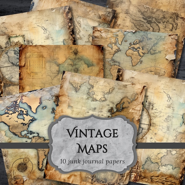 Vintage Maps Junk Journal Papers, Globe Scrapbook Page, Old Charts Journal Pages, Antique Printable Paper, Collage Sheet, Digital Download