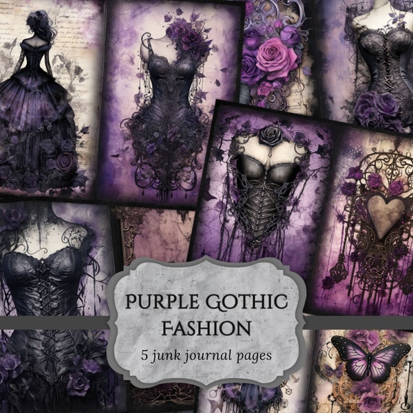 Purple Gothic Fashion Junk Journal Pages, Page de scrapbooking victorien, Pages de journal, Papier imprimable, Feuille de collage Téléchargement numérique