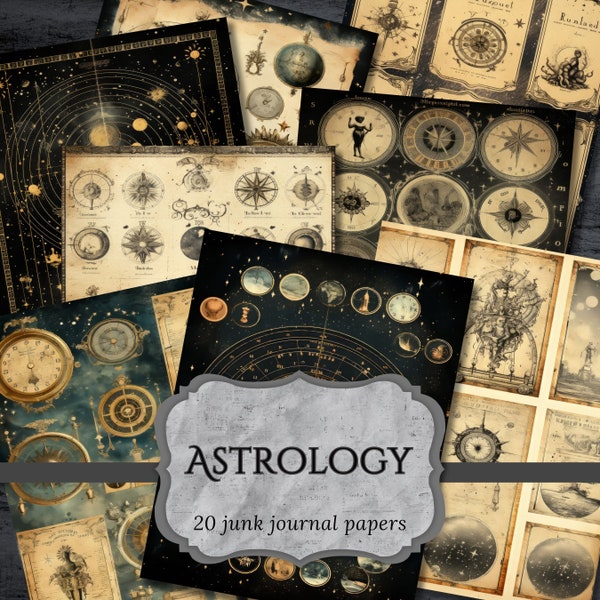 Astrology Junk Journal Papers, Zodiac Scrapbook Page, Celestial Journal Page, Printable Paper, Collage Sheet, Digital Download