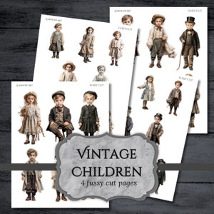 Páginas de corte exigente para crianças vintage, coisas efêmeras infantis vitorianas, complemento de diário infantil, papel para impressão, folha de colagem, download digital