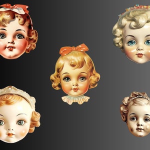 Vintage Doll Head Clipart, Antique Doll Clip Art, Collage PNG Bundle, Retro Head Graphics, Scrapbook, Junk Journal, Digital Download image 6