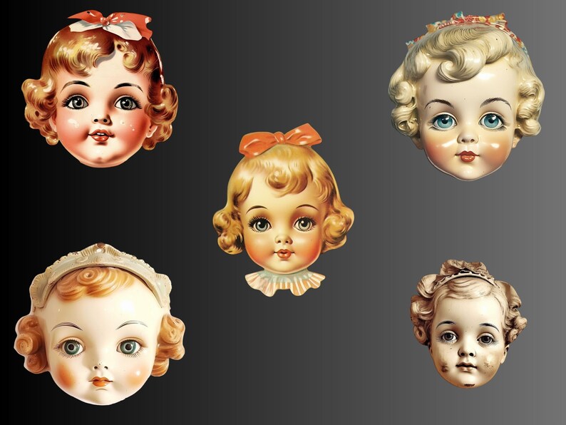 Vintage Doll Head Clipart, Antique Doll Clip Art, Collage PNG Bundle, Retro Head Graphics, Scrapbook, Junk Journal, Digital Download image 6