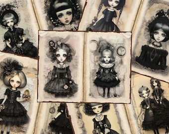 Gothic Dolls Junk Journal Pages, Gothic Victorian Page Vintage Journal Pages, Printable Paper, Collage Sheet, Digital Download 1