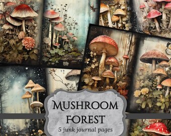 Mushroom Forest Junk Journal Pages, Fantasy Woodland Scrapbook Page, Journal Page, Printable Paper, Collage Sheet, Digital Download