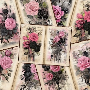 Black and Pink Roses Junk Journal Pages Gothic Rose Scrapbook Floral Vintage Journal Page Printable Paper Collage Sheet Digital Download