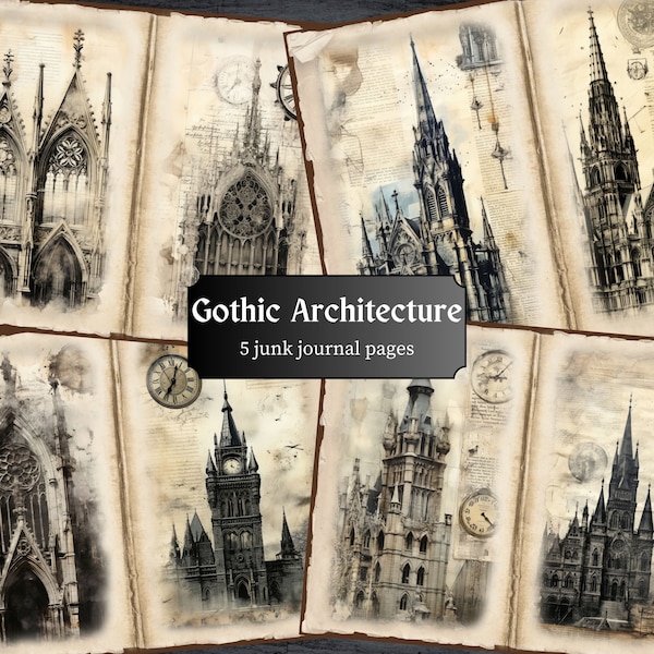 Gothic Architecture Junk Journal Pages, Dark Fantasy Scrapbook Page, Journal Pages, Printable Paper, Collage Sheet, Digital Download