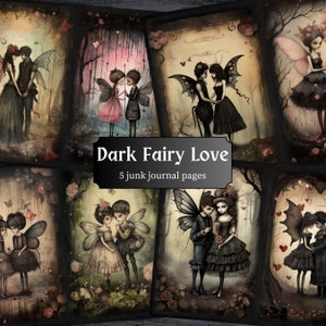 Dark Fairy Love Junk Journal Pages, Valentine&#39;s Day Scrapbook Page, Romantic Journal Page, Printable Paper, Collage Sheet, Digital Download