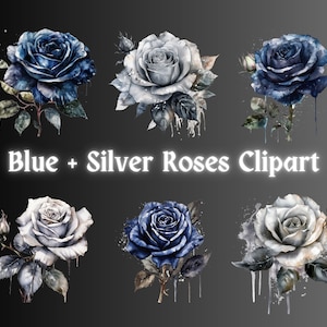 Blue + Silver Roses Watercolor Clipart, Floral Clip Art, Gothic Flowers, PNG Bundle, Junk Journal, Digital Download, Commercial Use