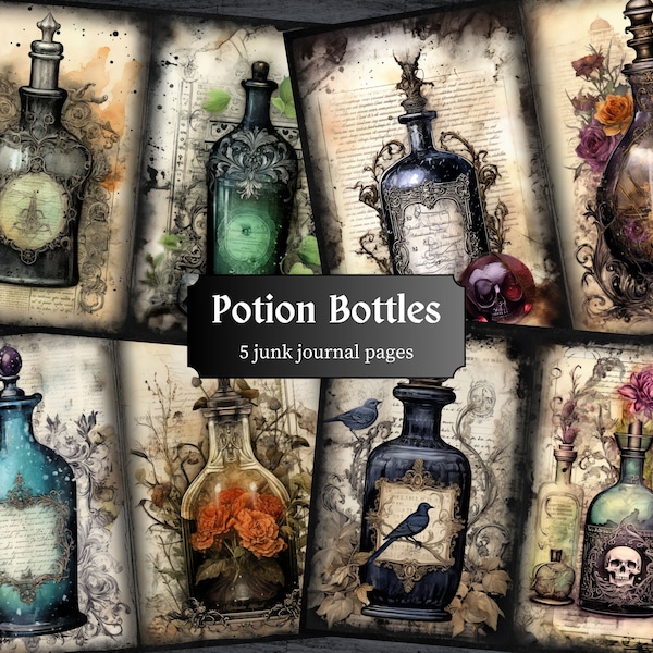 Potion Bottles Junk Journal Pages, Dark Fantasy Scrapbook Page, Magic Bottle Journal Pages, Printable Paper, Collage Sheet, Digital Download
