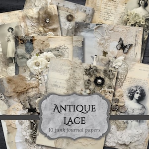 Papiers de journal indésirable en dentelle ancienne, page de scrapbooking vintage, pages de journal pour femme victorienne, papier imprimable, feuille de collage en téléchargement numérique