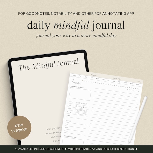 Minimalistisches tägliches Digitales Journal, Digitales Tagebuch, Mindfulness Journal, Digitales Wellness Journal für Ipad, Goodnotes Notability Journal