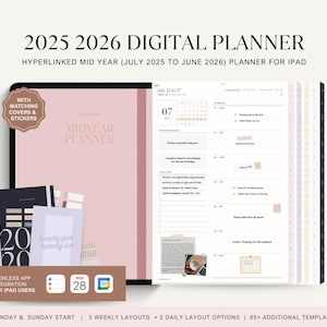 2025 2026 Mid Year Digital Planner, Minimalist Planner, Portrait Planner, Dated Daily Weekly Planner, Goodnotes Planner with Calendar Links