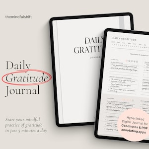 Może przedstawiać: Cyfrowy dziennik wdzięczności wyświetlany na tablecie z napisem "Daily Gratitude Journal". Strony dziennika są widoczne, zawierają pytania do refleksji. Obraz zawiera tekst "Rozpocznij swoją uważną praktykę wdzięczności w zaledwie 5 minut dziennie."