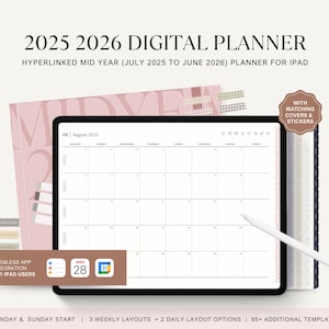 2025 2026 Midyear Digital Planner, Horizontal Planner, Simple Planner, Daily Weekly Planner Template, Goodnotes Notability Ipad Planner