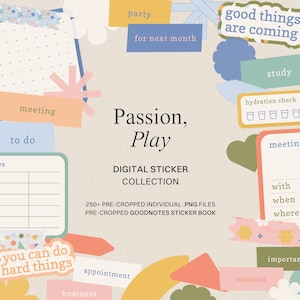Puede incluir: Una colección de pegatinas digitales con el texto "Passion, Play" y el lema "250+ ARCHIVOS .PNG INDIVIDUALES PRE-RECORTADOS LIBRO DE PEGATINAS GOODNOTES PRE-RECORTADAS". Las pegatinas presentan varios diseños, incluyendo una lista de tareas pendientes, una agenda de reunión, una lista de verificación de hidratación y una pegatina "puedes hacer cosas difíciles".