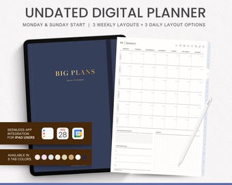 Undated Digital Planner 2025 - 2027, Monthly Weekly Daily Planner, Goodnotes Planner for Ipad, Minimalist Planner, Notability Planner