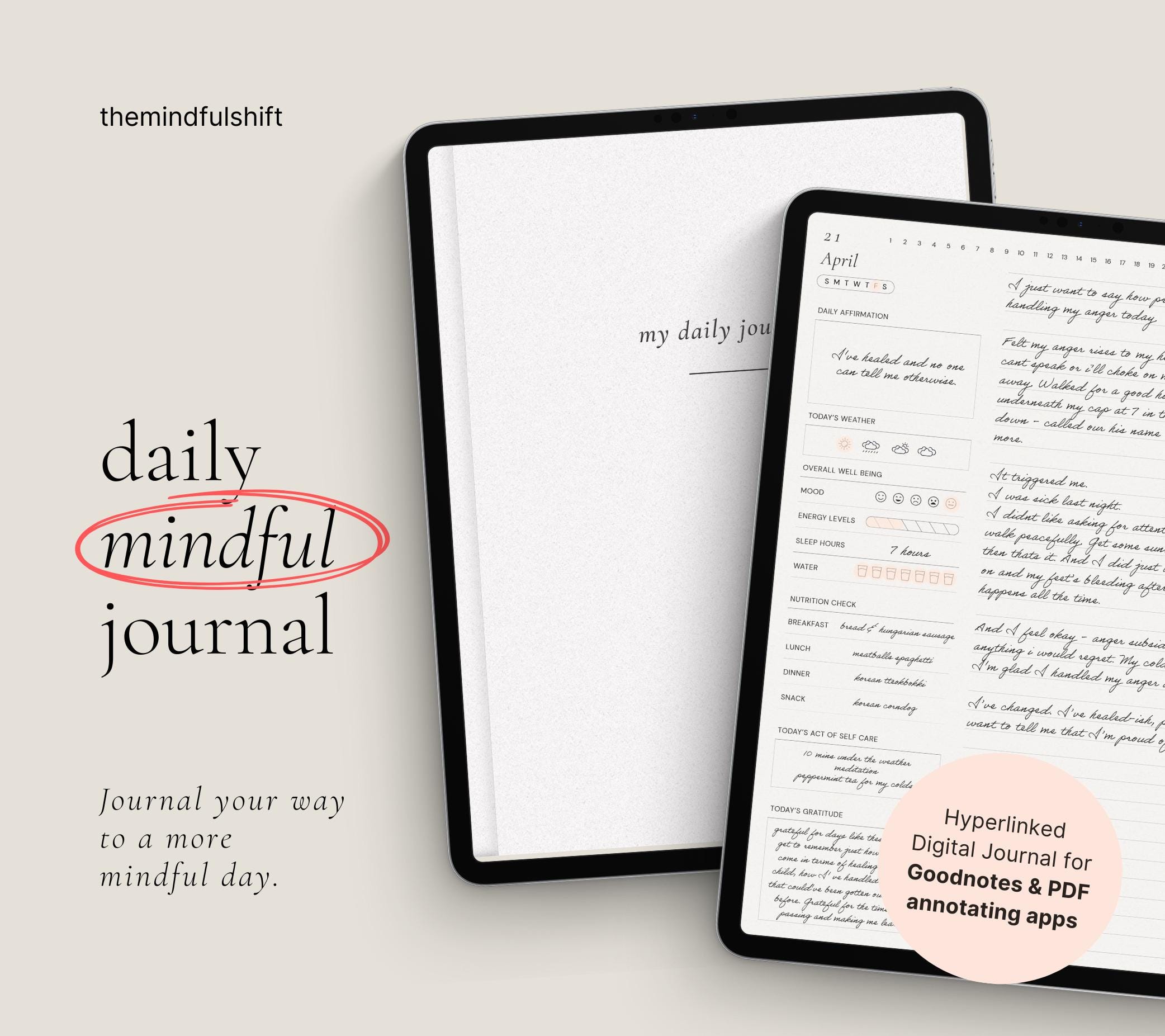 Minimalist Daily Digital Journal, Digital Diary, Mindfulness Journal, Digital Wellness Journal for Ipad, Goodnotes Notability Journal