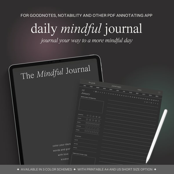 Daily Digital Journal Dark Mode, Digital Diary Minimalist, Mindfulness Journal, Wellness Journal for Ipad, Dark Mode Goodnotes Template