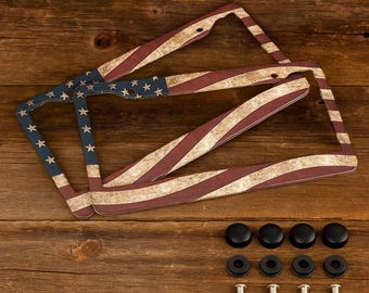 2 Pack American Flag License Plate Frames, Aluminum Car Plate Holders with Screw Caps, Vintage Patriotic Design