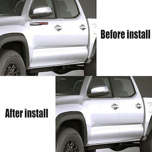 Puede incluir: Antes y despu&eacute;s de la instalaci&oacute;n de un estribo lateral en una camioneta plateada. La camioneta tiene pasos de rueda negros y manijas de las puertas negras. El estribo es negro y tiene una moldura plateada. El texto "Antes de la instalaci&oacute;n" y "Despu&eacute;s de la instalaci&oacute;n" es visible en la imagen.