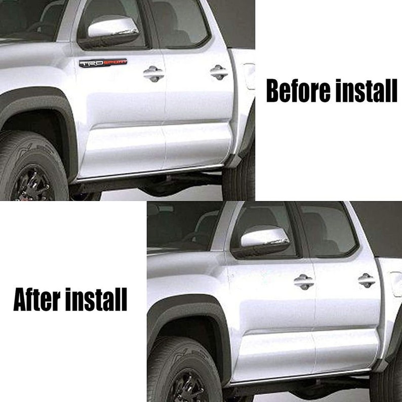 Puede incluir: Antes y despu&eacute;s de la instalaci&oacute;n de un estribo lateral en una camioneta plateada. La camioneta tiene pasos de rueda negros y manijas de las puertas negras. El estribo es negro y tiene una moldura plateada. El texto "Antes de la instalaci&oacute;n" y "Despu&eacute;s de la instalaci&oacute;n" es visible en la imagen.