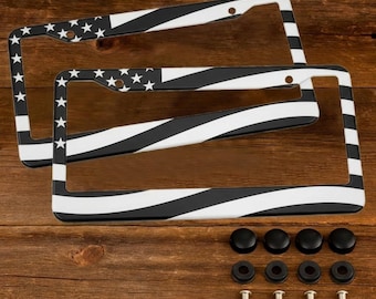 2 Pack American Flag License Plate Frames – Aluminum Black and White Patriotic Car Tag Holders with Screw Caps, Stars & Stripes Accessories