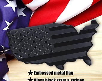 Metal American Flag USA Map Emblem Badge, Black Aluminum Car Decal, Patriotic Fender Tailgate Sticker for Car Truck SUV, 7"x4"