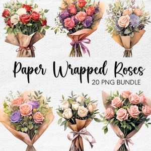 Clipart de buquê de rosas embrulhado em papel, buquê de flores PNG, pacote de clipart aquarela, buquê de rosas, flores PNG, rosas PNG, rosas em aquarela