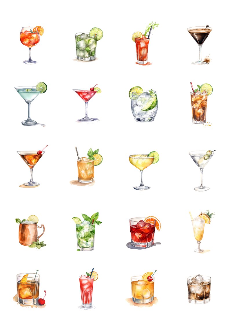 May include: Watercolor illustration of various cocktails, including martinis, mojitos, and old fashioneds. Each drink is depicted in a different glass, garnished with fruit, herbs, and ice. The image showcases a variety of colorful beverages.