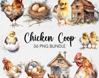 Watercolor Chicken Clipart, Chicken PNG, Chicken and Chicks Clipart, Chicken Farm Clipart, Chicken and Coops Digital Images
