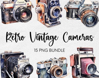 May include: A set of 6 vintage cameras in watercolor style. The cameras are in various colors and styles, including black, brown, silver, and blue. The cameras are all in focus and have a realistic look. The image is perfect for scrapbooking, card making, and other craft projects.