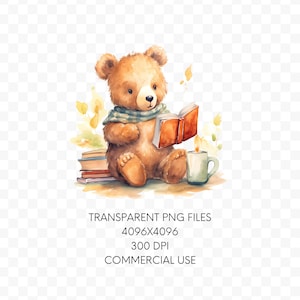 May include: A watercolor illustration of a brown bear wearing a blue and white checkered scarf, sitting with a stack of books and a cup of coffee, reading a book.