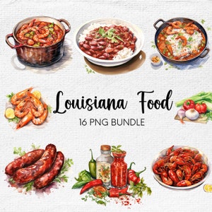 Louisiana Food PNG, New Orleans PNG, Cajun Cooking, Louisiana PNG, Watercolor Clipart Bundle, Crawfish, Beignets, Jambalaya, Gumbo Pot