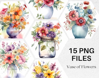 Vase mit Blumen, Aquarell Clipart Bundle, Blumenkunst Grafiken für Handwerk und Designs, Blumen PNG, Blumenkunst, Blumenstrauß,
