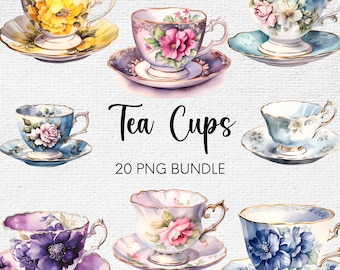 Vintage Tea Cup Clipart PNG, Tea Cups Clip Art, Tea Cup Digital Illustration, Watercolor Vintage Tea Cup Bundle, Vintage Tea Cups