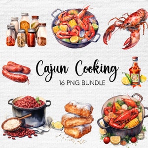 May include: A watercolor illustration of Cajun cooking ingredients and dishes. The illustration includes a pot of red beans, a plate of rice, a bowl of crawfish, a plate of beignets, and a bottle of hot sauce. The text "Cajun Cooking 16 PNG Bundle" is also included in the illustration.