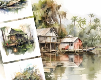 Bayou PNG, Louisiana PNG, Crawfish png, New Orleans png, Cajun png, Southern png, Watercolor Clipart Bundle, Commercial Use