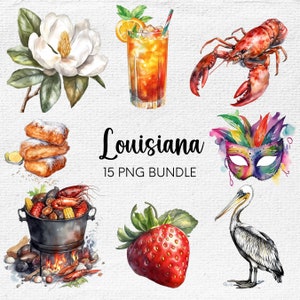 Louisiana Clipart, Louisiana PNG, Clipart PNG Bundle, New Orleans Watercolor Streetcar, Crawfish png, Magnolia png, Bayou png