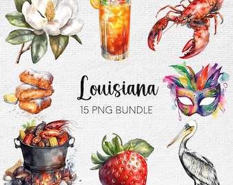 Imágenes Prediseñadas de Luisiana, PNG de Luisiana, paquete PNG de imágenes prediseñadas, tranvía de acuarela de Nueva Orleans, png de cangrejo, png de Magnolia, png de Bayou