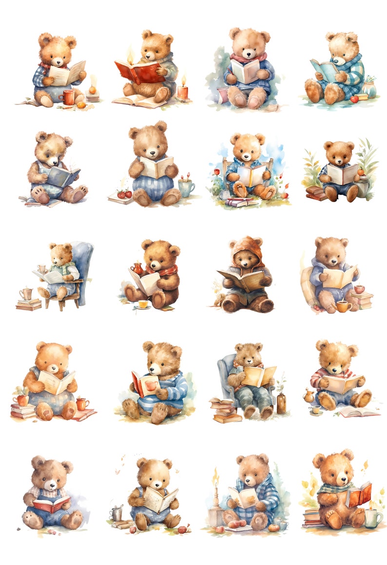 May include: A collection of watercolor illustrations featuring teddy bears reading books in various settings. The bears are wearing different clothes and are surrounded by books, candles, and other objects.