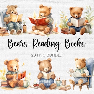 Peut inclure: Une illustration numérique d'un ensemble de 20 ours en aquarelle lisant des livres. Les ours sont bruns et portent des tenues différentes. Les livres sont ouverts et présentent des illustrations colorées. Le texte "Bears Reading Books 20 PNG Bundle" est en bas de l'image.