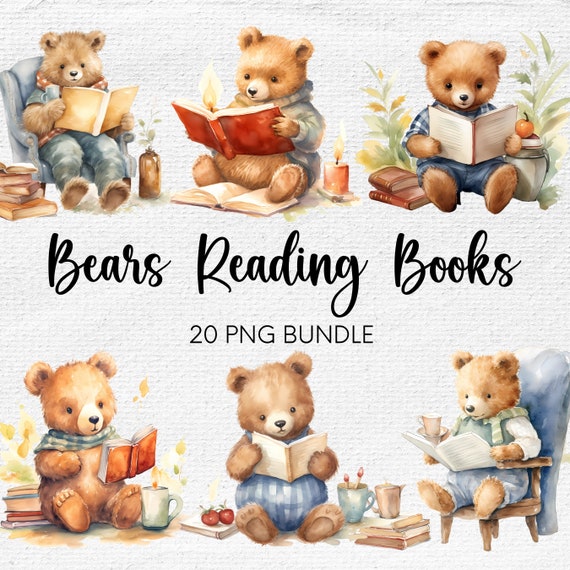 Bear Reading a Book Clipart, Bears Reading Books, Bear PNG, Cute Bears PNG, Watercolor Bears Clipart, Nursery Artwork, Watercolor Bundle