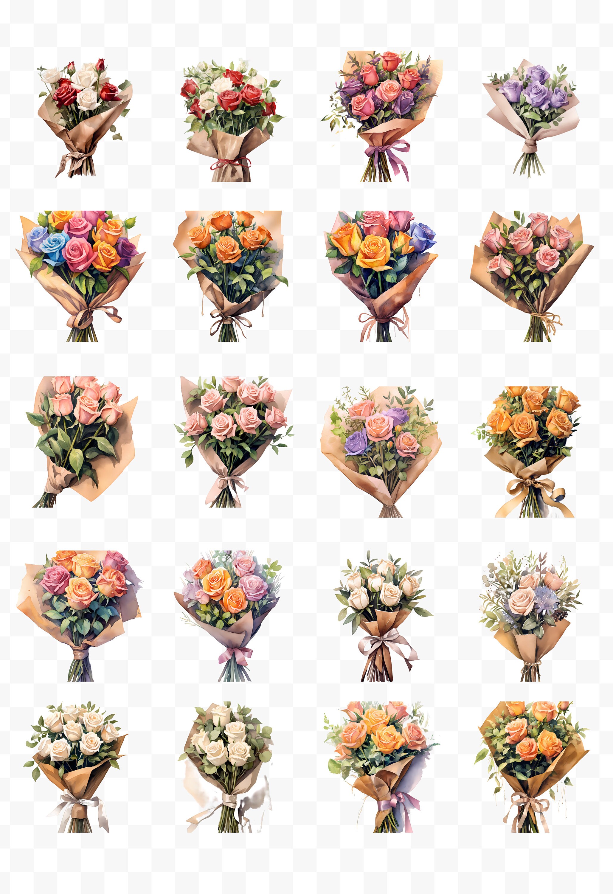 Wrapped Roses Png Paper Wrapped Rose Bouquet Clipart, Flower Bouquet PNG, Watercolor ...