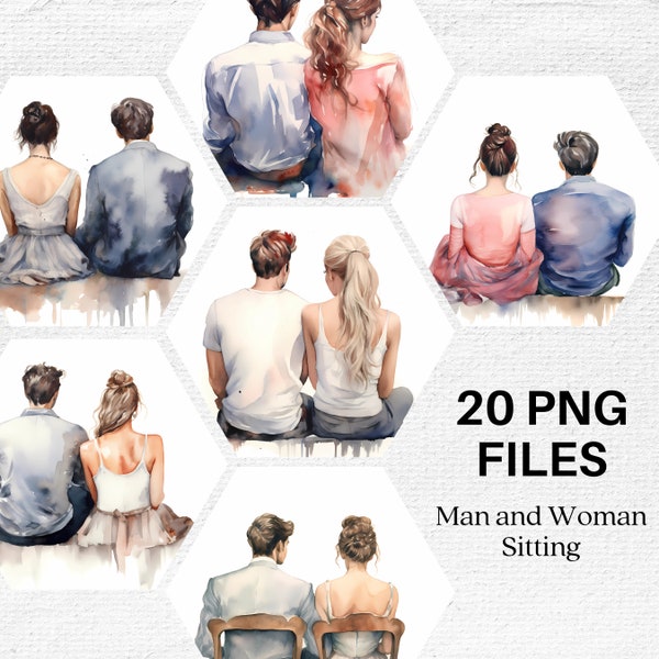 Man and Woman Sitting Clipart, Couple PNG, Man and Woman PNG, Romantic Clipart, Watercolor Clipart Bundle, Anniversary, Wedding, Love PNG