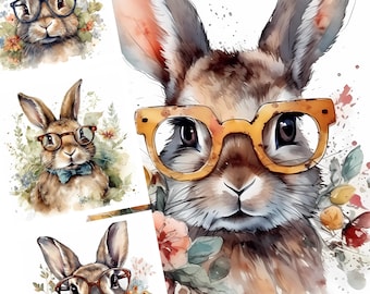 Cute Bunnies in Glasses Clip Art, Funny Bunny Clipart, Watercolor Clipart Bundle, Funny Rabbit Illustration, Crafting Bundle, Digital Paper