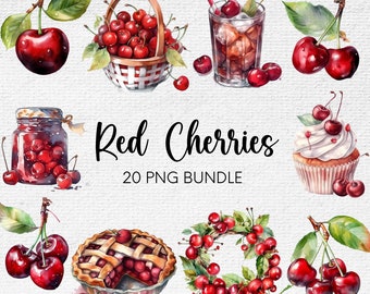 Cherry Clipart, Clipart PNG Bundle, PNG Watercolor, Watercolor Cherries, Cherries PNG, Red Cherries, Watercolor Cherry