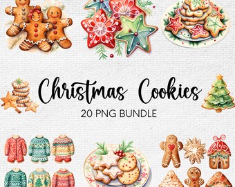 Watercolor Christmas Cookies PNG Clipart Bundle (20 files)