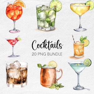 May include: Watercolor illustration of various cocktails, including a margarita, martini, and Moscow mule. The image features a variety of drinks with garnishes like orange slices, lime wedges, and cherries. The text "Cocktails 20 PNG Bundle" is also included.