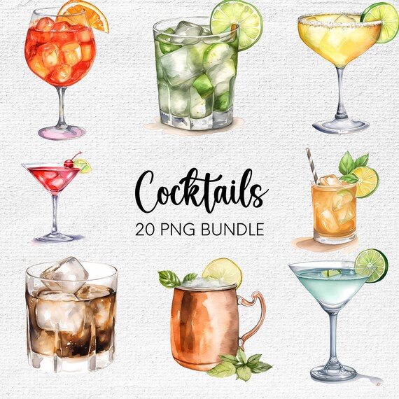Watercolor Cocktails Clipart, Cocktail PNG, Summer Drinks PNG, Watercolor Clipart Bundle, Aperol Spritz, Mojito, Old Fashioned